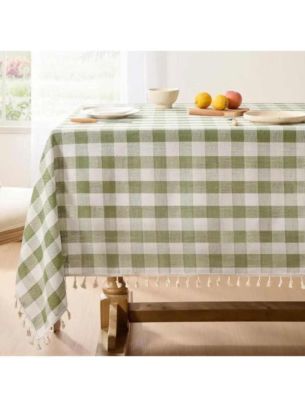 Gingham Rectangle Tablecloth with Tassels, Sage Green, 55